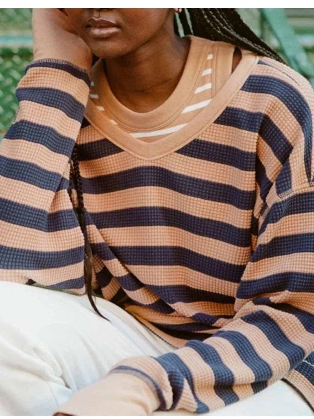 Aerie Wow! Striped Thermal Waffle Knit Oversized Long Sleeve Shirt Tan Small - Picture 10 of 10